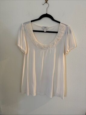 LOFT Cream Scoop Neck Short Sleeve Top with Floral Trim